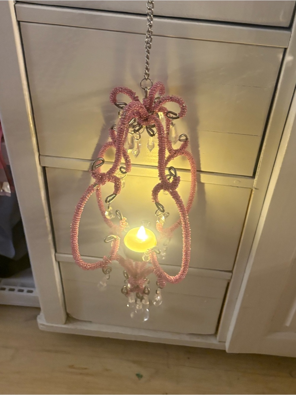 Pre-loved Tealight Pink Beaded Mini Chandelier